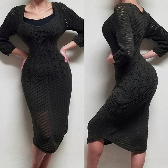 W by Worth Olive Green Open Crochet Knit Plunging Neckline Asymmetric Midi Dress - Picture 1 of 14